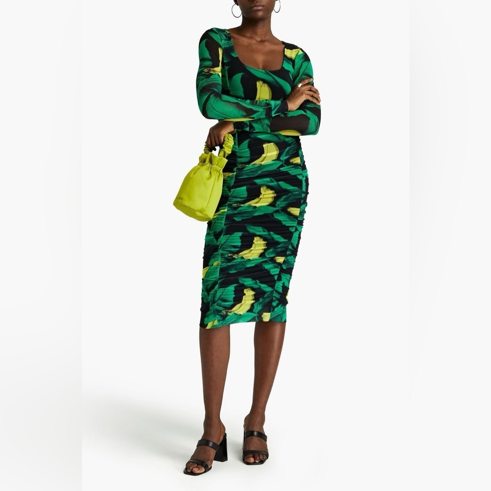 NWT GANNI - Ruched Tropical Print Stretch-Mesh Midi Dress